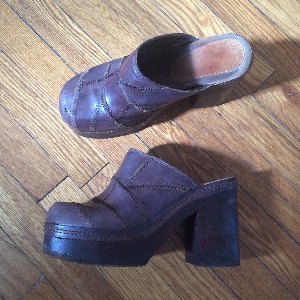 Candies Custom Leather Wood Heel Platform Clogs 10